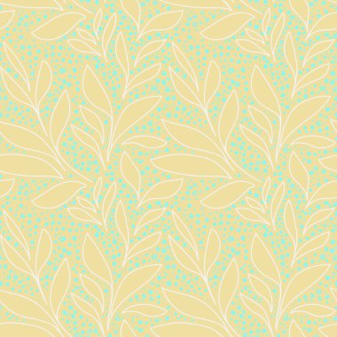 Soyut yaprakları olan kusursuz bir vektör deseni ve yumuşak sarı arka planda narin mavi noktalar. Tekstil, ambalaj, kırtasiye, modern botanik temalı basit tasarım