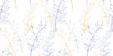 Beyaz arka planda sarı ve mavi renklerde narin çiçek sapları içeren kusursuz vektör deseni. Modern ve soyut botanik tasarımı moda, tekstil ve dijital baskılar için mükemmeldir.