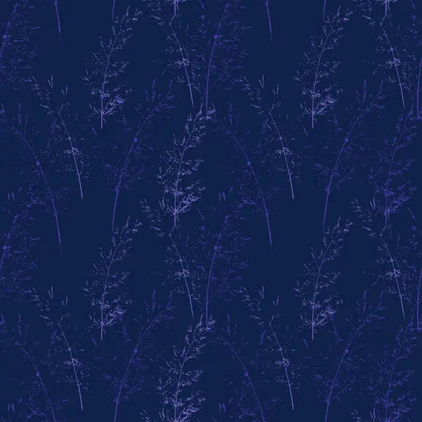 Kusursuz bir vektör deseni. Derin, koyu bir arka planda mor ve mor renkte yabani ot siluetleri var. Modern kumaş baskıları, duvar kağıtları ve kalın yüzey tasarımları için mükemmel.