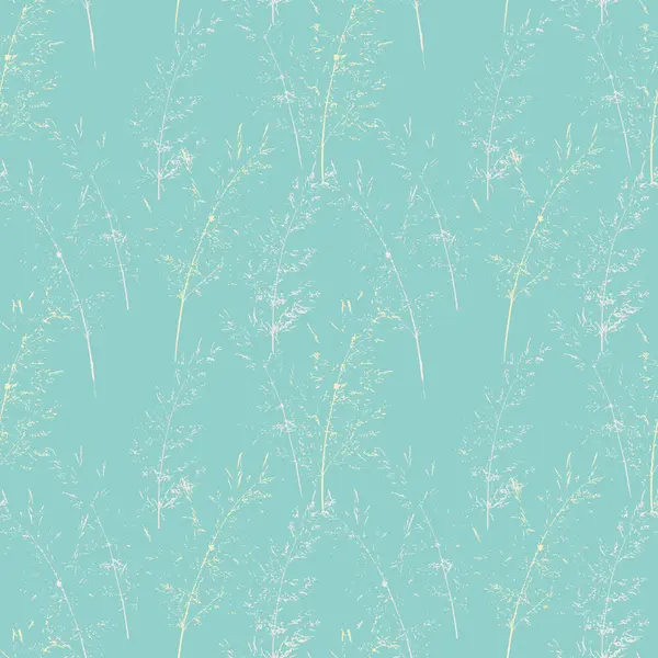Kusursuz vektör deseni, turkuaz bir arka planda yumuşak pastel tonlarda narin ot siluetleri içeriyor. Modern kumaş baskıları, duvar kağıtları ve kalın yüzey tasarımları için mükemmel.