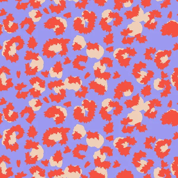 Kalın leopar desenli, modaya uygun bir vektör deseni. Bej merkezli parlak kırmızı turuncu noktalar Pastel eflatun arka planda neşeli ve göz alıcı bir hayvan tasarımı oluşturur