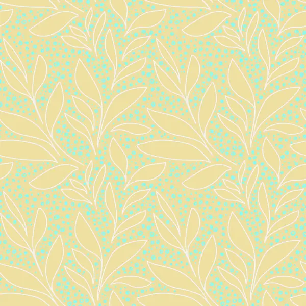 Soyut yaprakları olan kusursuz bir vektör deseni ve yumuşak sarı arka planda narin mavi noktalar. Tekstil, ambalaj, kırtasiye, modern botanik temalı basit tasarım