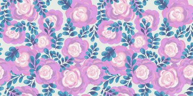 Artistik pembe gülleri ve açık arkaplanda mavi yaprakları olan kusursuz çiçek vektör deseni. El boyası fırça darbeleri, tekstil, ambalaj, duvar kağıtları, kadınsı markalaşma projeleri için mükemmel.