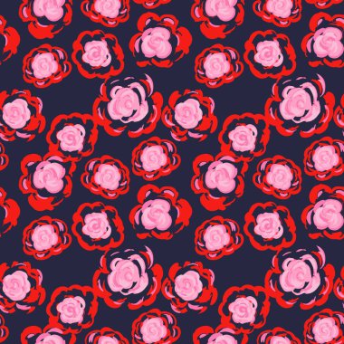 Koyu donanma arka planında elle çizilmiş pembe ve kırmızı soyut güllerle kusursuz vektör deseni. Kalın ve romantik tasarım kumaş, duvar kağıdı, ambalaj ve yüzey baskıları için mükemmeldir.