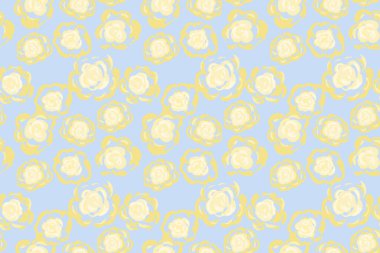 Pastel mavi arka planda el çizimi sarı güller olan kusursuz çiçek vektör deseni. Kumaş için doğa süsü, hediye paketi, düğün kırtasiyesi, bahar temaları, kadınsı tasarımlar.