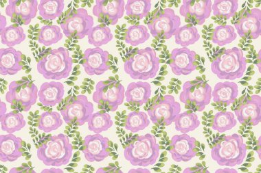 Kusursuz çiçek desenli, el boyalı pembe güller ve açık arkaplanda yapraklar. Zarif ve romantik tasarım, tekstil, duvar kağıtları, kırtasiye, ambalaj ve klasik dekor fikirleri