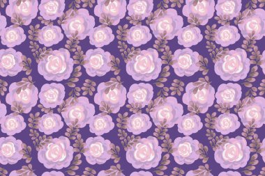 Elle boyanmış güller ve mor arka planda yapraklarla kusursuz vektör deseni. Zarif ve romantik tasarım, tekstil, duvar kağıtları, kırtasiye, ambalaj, klasik dekor fikirleri