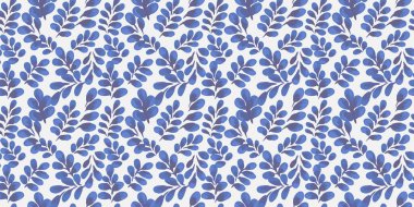 Elle boyanmış suluboya yaprakları açık arkaplanda canlı mavi tonlarda kusursuz vektör deseni. Organik botanik stil onu tekstil, duvar kağıtları, ambalaj ve modern tasarım için ideal hale getirir.