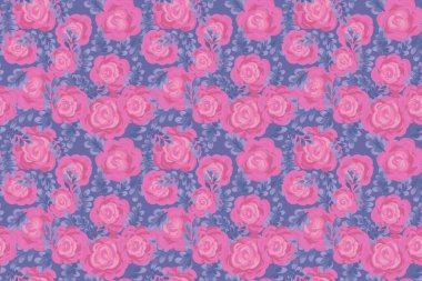 Kusursuz vektör desenli, soluk mavi arka planda yaprakları olan el boyalı pembe güller. Yaz, zarif ve sanatsal, tekstil, duvar kağıtları, ambalaj, moda tasarım projeleri için mükemmel