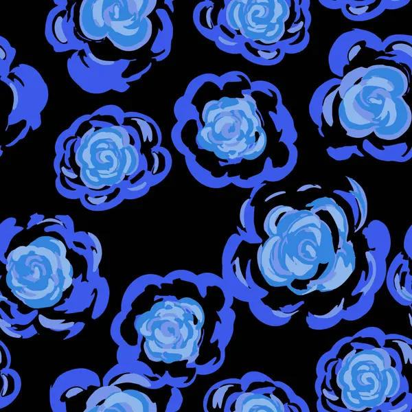 Kusursuz bir vektör deseni ve soyut el yapımı şakayık çiçekleri siyah arka planda mavi tonlarda boyamış. Romantik tekstil, düğün tasarımları, kadınsı markalaşma ve ambalaj için ideal.
