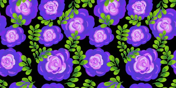 Siyah arka planda yemyeşil yapraklı mor güller içeren kusursuz çiçek desenli. Tekstil, duvar kağıtları, ambalaj, kırtasiye, markalaşma ve zarif tasarımlar için ideal