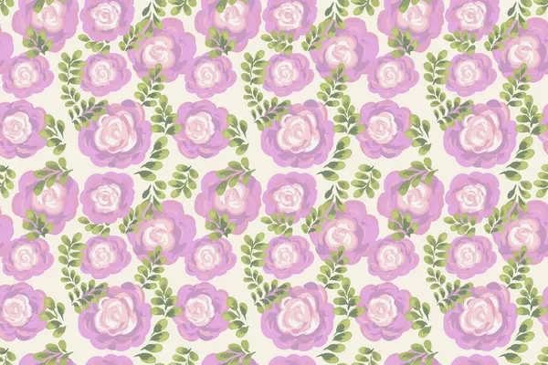 Kusursuz çiçek desenli, el boyalı pembe güller ve açık arkaplanda yapraklar. Zarif ve romantik tasarım, tekstil, duvar kağıtları, kırtasiye, ambalaj ve klasik dekor fikirleri