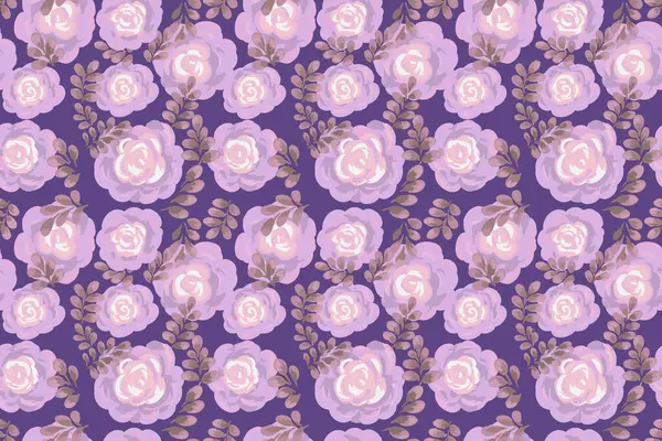 Elle boyanmış güller ve mor arka planda yapraklarla kusursuz vektör deseni. Zarif ve romantik tasarım, tekstil, duvar kağıtları, kırtasiye, ambalaj, klasik dekor fikirleri