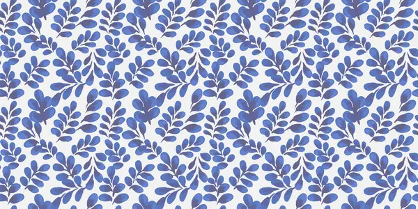 Elle boyanmış suluboya yaprakları açık arkaplanda canlı mavi tonlarda kusursuz vektör deseni. Organik botanik stil onu tekstil, duvar kağıtları, ambalaj ve modern tasarım için ideal hale getirir.