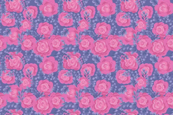 Kusursuz vektör desenli, soluk mavi arka planda yaprakları olan el boyalı pembe güller. Yaz, zarif ve sanatsal, tekstil, duvar kağıtları, ambalaj, moda tasarım projeleri için mükemmel