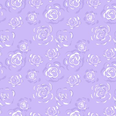 Renkli menekşe, mor, lavanta arkaplan üzerine el çizimi sanatsal gül gölgeleri içeren kusursuz bir vektör deseni. Tekstil, moda, ambalaj ve markalaşma için çiçek tasarımı gibi anlamlı bir taslak.
