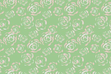 Kusursuz vektör deseni, pastel naneli güller, yeşil arka plan. Kumaş, duvar kağıdı, moda baskıları, ambalaj projeleri için cesur, sanatsal çiçek tasarımı