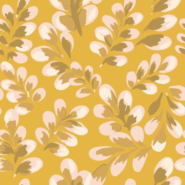 Hardal sarısı arka planda sanatsal bej ve taupe yapraklı kusursuz vektör deseni. Tekstil, baskı, ambalaj, duvar kağıtları, doğal temalı markalar için tasarım