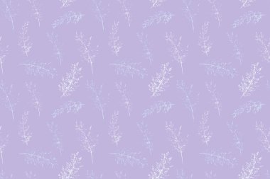 Elle çizilmiş yaban otları ile zarif, pürüzsüz vektör deseni, menekşe renginde, mor arkaplanda. Kumaşlar, duvar kağıtları, ambalajlama, damgalama için hassas, minimalist bir botanik tasarım.