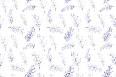Elle çizilmiş yaban otları beyaz arka planda lacivert ve lacivert renkli zarif, pürüzsüz vektör deseni. Hassas, minimal botanik tasarım kumaşlar, duvar kağıtları, ambalajlama, damgalama için mükemmel.