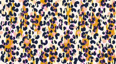 Egzotik soyut yaz şablonu. Vektör koyu sarı şekiller, pembe ve sarı yağmur damlaları ve elle çizilmiş hayvan lekeleri. Tekstil, ambalaj, dijital arkaplan için modern, eğlenceli tasarım