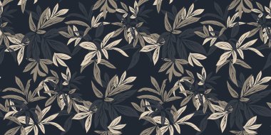Derin arka planda tropikal yaprakları koyu ve bej tonları olan kusursuz botanik desenler. Moda için doğa süsü, ev dekorasyonu, baskı, zarif tasarımlar.