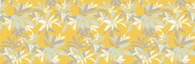 Parlak sarı bir zemin üzerinde mavi ve beyaz olarak el çizimi tarzında kusursuz tropikal yaprak deseni. Yaz tekstil ürünleri, duvar kağıtları, ambalaj ve yüzey tasarımı için mükemmel.