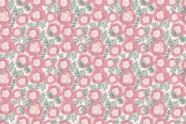 El boyalı yumuşak güller ve açık arkaplanda soluk yeşil yapraklar olan pastel dikişsiz çiçek deseni. Vektör sanatsal fırça darbesi, kumaş, duvar kağıdı, ambalaj kağıdı, dekor için ideal