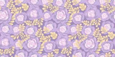 Elle boyanmış mor güller ve menekşe renginde sarı yapraklarla kusursuz bir çiçek deseni. Sanatsal fırça darbesi stili, tekstil, duvar kağıtları, davetiyeler, moda için mükemmel.