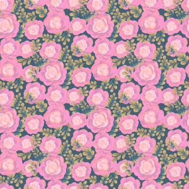Kusursuz çiçek desenli, el boyalı pembe güller ve soluk mavi arka planda yeşil yapraklar. Zarif fırça darbesi stili, tekstil, duvar kağıdı, hediye paketi, moda, dekor için mükemmel.