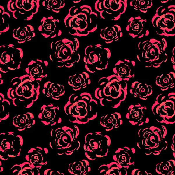 Siyah arka planda koyu kırmızı gölgelerle çizilmiş el yapımı sanatsal güller içeren kusursuz bir vektör deseni. Tekstil, moda, ambalaj ve markalaşma için çiçek tasarımı gibi anlamlı bir taslak.