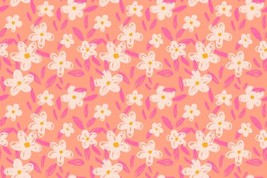 Elle çizilmiş çiçekli kusursuz vektör deseni ve turuncu arka planda yapraklar. Kumaş, ambalaj ve kırtasiye için oyuncu ve sanatsal tasarım