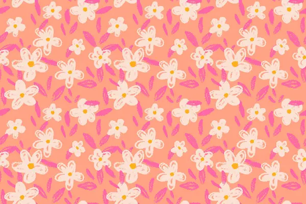 Elle çizilmiş çiçekli kusursuz vektör deseni ve turuncu arka planda yapraklar. Kumaş, ambalaj ve kırtasiye için oyuncu ve sanatsal tasarım