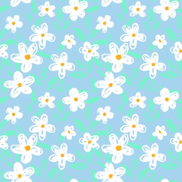 El çizimi çiçekler ve pastel mavi arka planda yapraklarla kusursuz vektör deseni. Pastel boya dokusu neşeli ve neşeli bir his veriyor. Çocuk tasarımı, kumaşı, kırtasiyesi için şablon