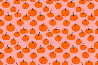 Yumuşak pembe arka planda parlak el kabakları çizilmiş kusursuz vektör deseni. Sonbahar temalı tasarımlar, tekstil baskıları, ambalaj kağıdı, Şükran Günü ve Cadılar Bayramı projeleri için şablon