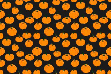 Siyah arka planda turuncu eli çizilmiş kusursuz vektör deseni. Sonbahar temalı tasarımlar için şablon, tekstil baskıları, ambalaj kağıdı, Şükran Günü, Cadılar Bayramı projeleri