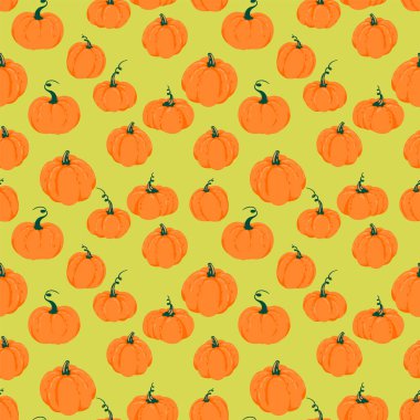 Parlak yeşil arka planda elle çizilmiş turuncu balkabağı desenli kusursuz vektör deseni. Sonbahar dekorasyonu için eğlenceli ve şenlikli tasarım, Cadılar Bayramı ambalajı, tekstil baskıları, mevsimlik projeler