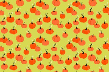 Elle çizilmiş turuncu balkabakları ve canlı yeşil arka planda sapları olan kusursuz vektör deseni. Sonbahar dekorasyonu, Şükran Günü projeleri, sonbahar tekstil ürünleri, ambalaj kağıtları ve hasat tasarımları.