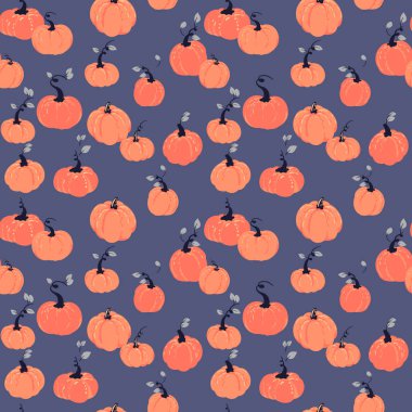 Elle çizilmiş turuncu balkabaklarıyla kusursuz vektör deseni ve sessiz donanma arka planında hassas gri yapraklar. Sonbahar, hasat, Şükran Günü, tekstil ve mevsimlik ambalaj için şablon