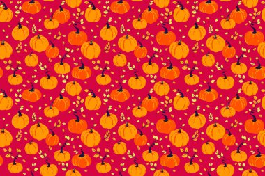 Koyu kırmızı arka planda el yapımı balkabakları ve sonbahar yapraklarını içeren kusursuz vektör deseni. Mevsimlik sonbahar tasarımları, Şükran Günü, ambalaj, kumaş ve tebrik kartları için şablon