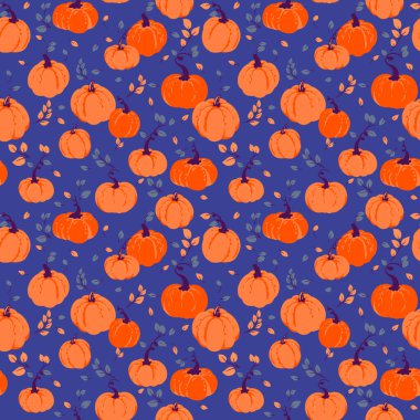 Elle çizilmiş balkabaklarıyla kusursuz vektör deseni ve zengin mor arka planda sonbahar yaprakları. Sonbahar tasarımları, Şükran Günü dekorasyonu, kumaş baskıları, ambalaj ve mevsimlik projeler için şablon.