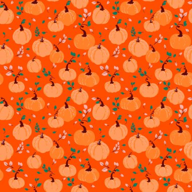 Elle çizilmiş balkabaklarıyla kusursuz vektör deseni ve zengin turuncu arka planda sonbahar yaprakları. Sonbahar tasarımları, Şükran Günü dekorasyonu, kumaş baskıları, ambalaj ve mevsimlik projeler için şablon