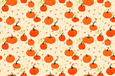 Elle çizilmiş turuncu balkabakları ve açık arkaplanda yaprakları olan kusursuz vektör deseni. Sonbahar dekorasyonu, Şükran Günü projeleri, hasat temaları ve mevsimlik ambalajlar için şablon