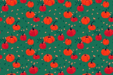 Elle çizilmiş turuncu balkabaklarıyla kusursuz vektör deseni ve koyu yeşil arka planda yapraklar. Sonbahar dekorasyonu, Şükran Günü projeleri, hasat temaları ve mevsimlik ambalajlar için şablon