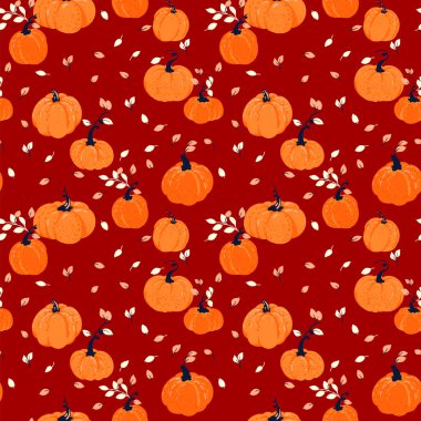 Elle çizilmiş turuncu kabaklar ve zengin kırmızı arka planda ince yapraklar içeren kusursuz bir vektör deseni. Sonbahar tasarımları, Şükran Günü projeleri, mevsimlik tekstil ve ambalaj için ideal.
