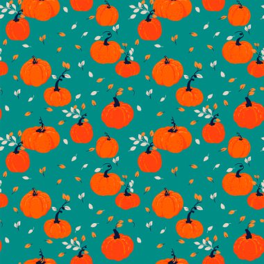 Elle çizilmiş turuncu balkabakları ve turkuaz bir zemin üzerinde narin yapraklar içeren kusursuz bir vektör deseni. Sonbahar tasarımları, Şükran Günü projeleri, mevsimlik tekstil ve ambalaj için ideal.