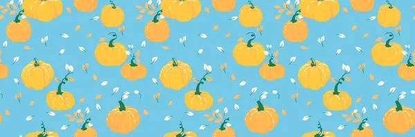 Elle çizilmiş balkabaklarıyla kusursuz vektör deseni ve mavi arka planda düşen yapraklar. Sonbahar dekoru, Şükran Günü, mevsimlik ambalaj ve Cadılar Bayramı temalı tasarımlar için şablon