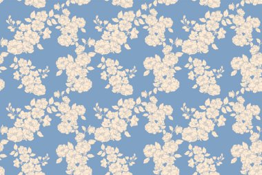 Kusursuz çiçek deseninde mavi arka planda ayrıntılı yapraklı zarif güller var. Lüks duvar kağıtları, kumaş baskılar, düğün dekorları ve klasik tasarımlar için mükemmel..