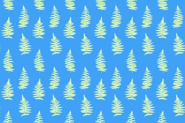 Minimalist eğrelti otunun kusursuz deseni parlak mavi bir arka planda ortaya çıkar. Doğal süs tasarımları, ambalajlar, kumaş baskıları, duvar kağıtları ve kırtasiye malzemeleri için ideal.