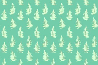 Minimalist eğreltiotunun kusursuz deseni yeşil arka planda kalır. Doğal süs tasarımları, çevre dostu ambalajlar, kumaş baskıları, duvar kağıtları ve kırtasiye malzemeleri için ideal..